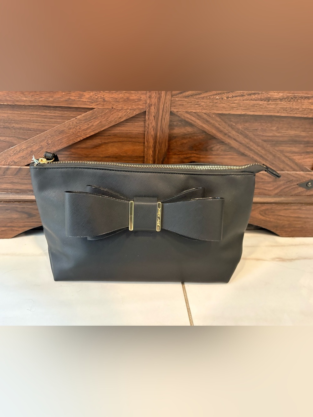 Betsey Johnson Black Bow-Front Wristlet Clutch